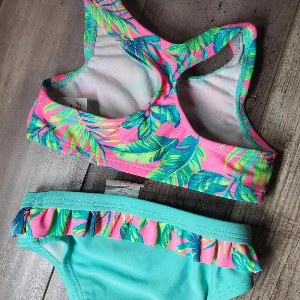 Wonder Nation Baby Girl 2 pc Swimsuit Bikini Size 12m Teal Hot Pink Tropical